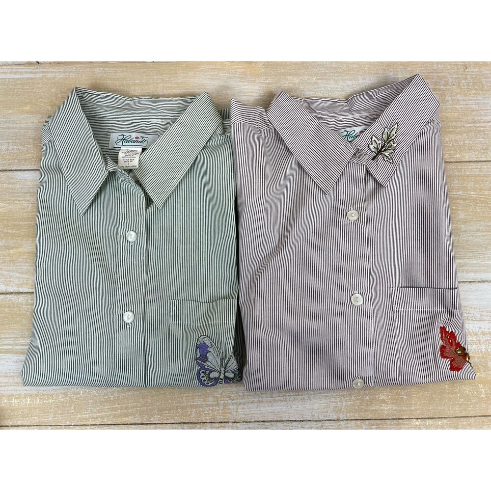 2 HABAND Embroidered Button Up Shirts Size Large Striped Autumn Butterfly NEW